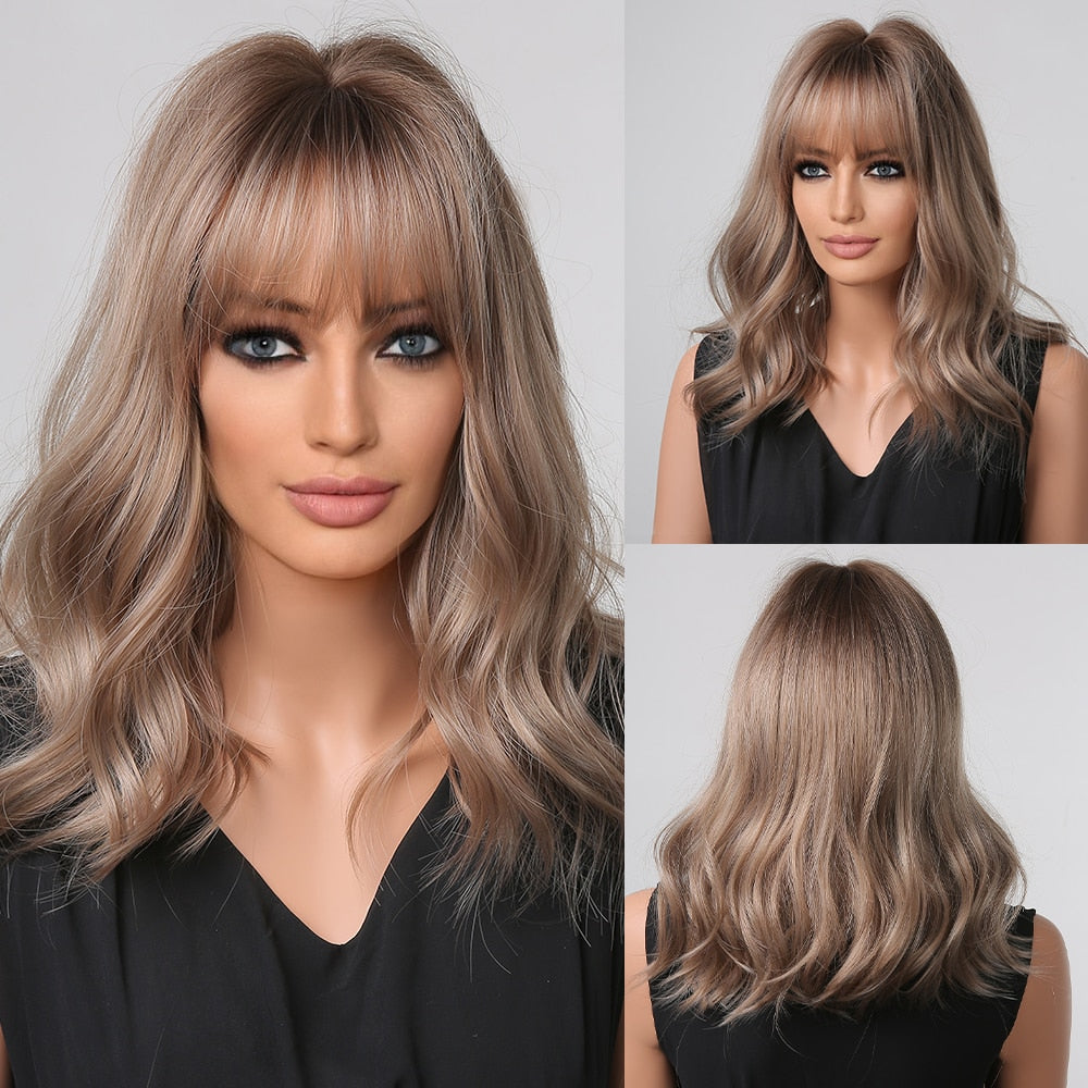 Short Wavy Dark Brown Mixed Golden Wigs with Bangs Black Blonde Bob Synthetic Hair for Women Natural Cosplay Heat Resistant Wig