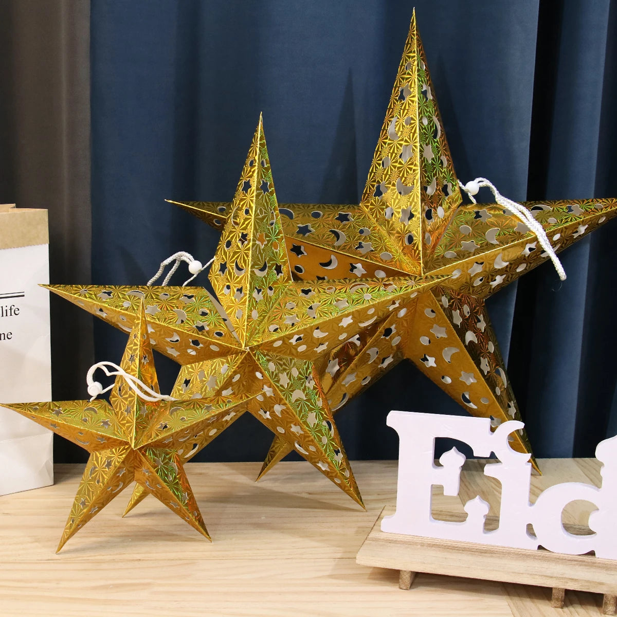 30-75cm Hollow Star Hanging Pendant Eid Mubarak Christmas Ramadan Decoration Islamic Muslim Party Decor Ramadan Kareem Gift