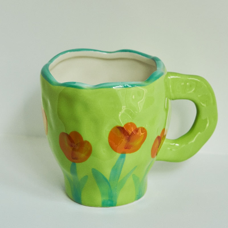 Korean Ins Style Hand Made Irregular Mug Hand Painted Flowers Ceramic Mug Breakfast Cup Coffee Cup Cute Tea Cups