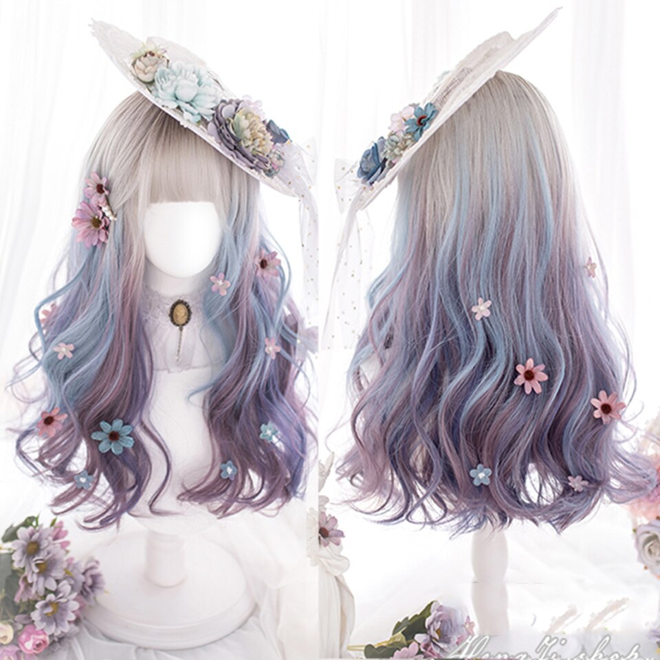 synthesis Long wavy curly girl blonde gradient pink Lolita cosplay curly bangs party wig