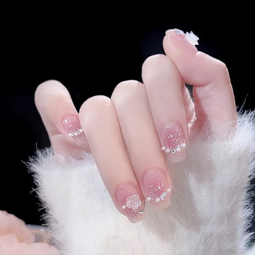 Medium Length Fake Nails 3D Flower Pearl Designs Nude Pink Color Press on Nails Ballerina False Nails for Women DIY Manicure