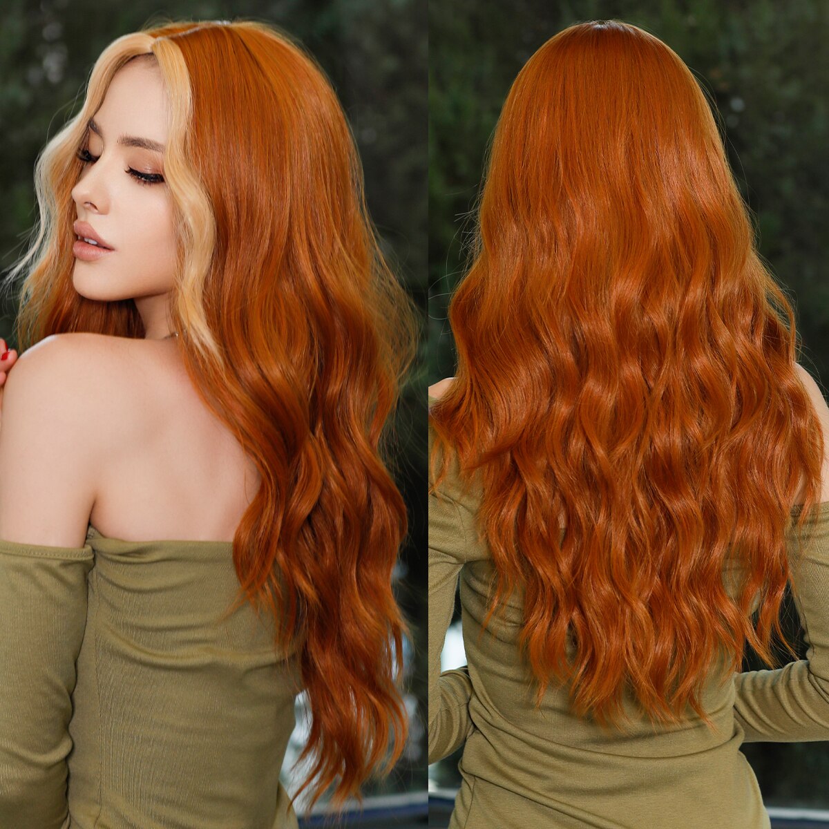 Bright Orange Long Wavy Women Wig Natural Synthetic Wigs with Bangs for Black Women Daily Party Cosplay Heat Resistant