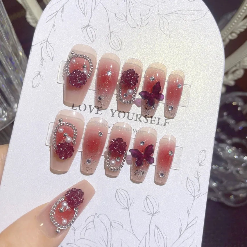 Medium Length Fake Nails 3D Flower Pearl Designs Nude Pink Color Press on Nails Ballerina False Nails for Women DIY Manicure
