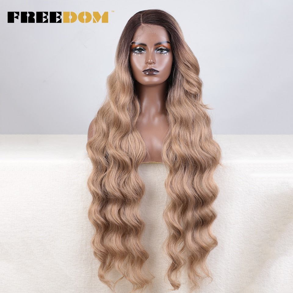 Synthetic Lace Wigs For Black Women Super Long Body Wavy Side Part Lace Wig Brown Ombre Blue Cosplay Wigs Heat Resistant
