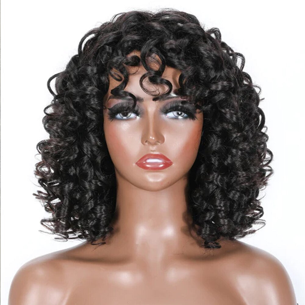 Afro Rose Curly Funmi Wigs with Bang Short Bouncy Curly Bob Wig With Bang Rose Curly Machine Made Human Hair Wig For Black Women