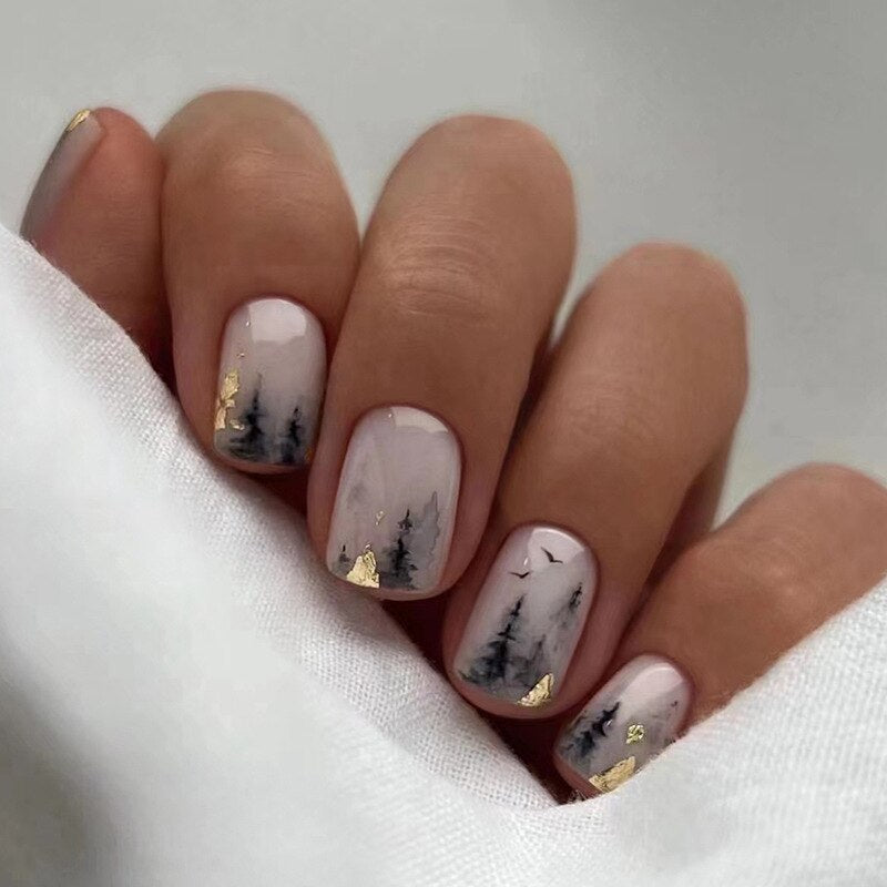 24Pcs Frosted Short Coffin False Nails Blue Purple Glitter with French Design Wearable Fake Nails Ballet Press on Nails Tips