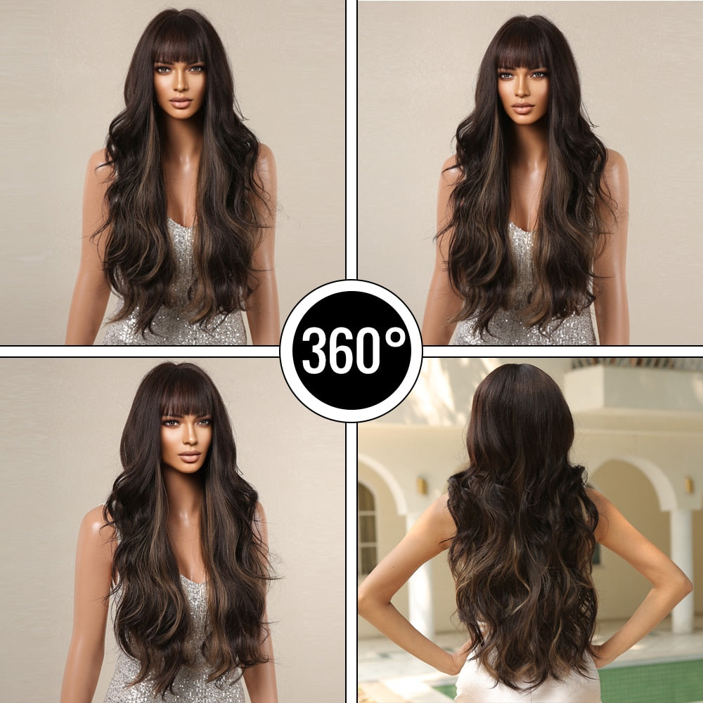 Dark Brown Synthetic Wigs with Bangs Long Wavy Golden Highlights Women's Wig Daily Cosplay Party Natural Hair Heat Resistant
