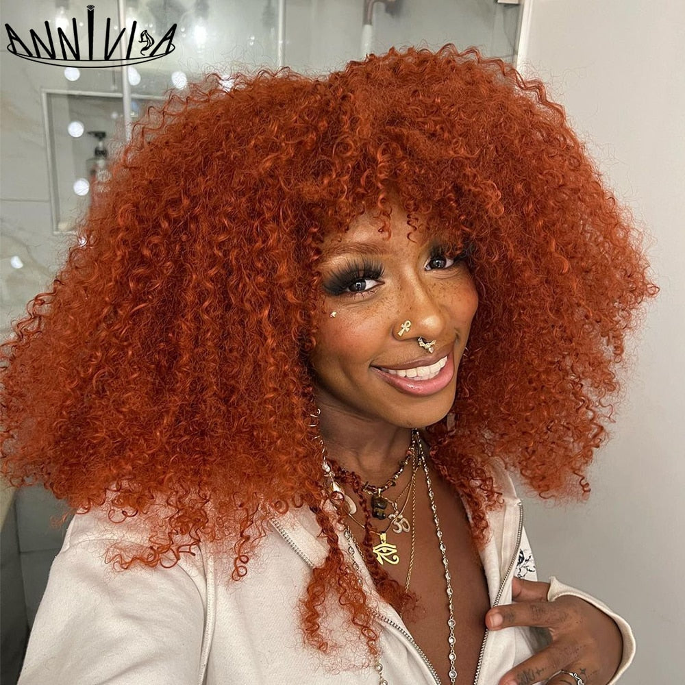 Short Hair Afro Kinky Curly Wigs With Bangs for Black Women Synthetic Ombre Glueless Cosplay Natural Brown Black Pink