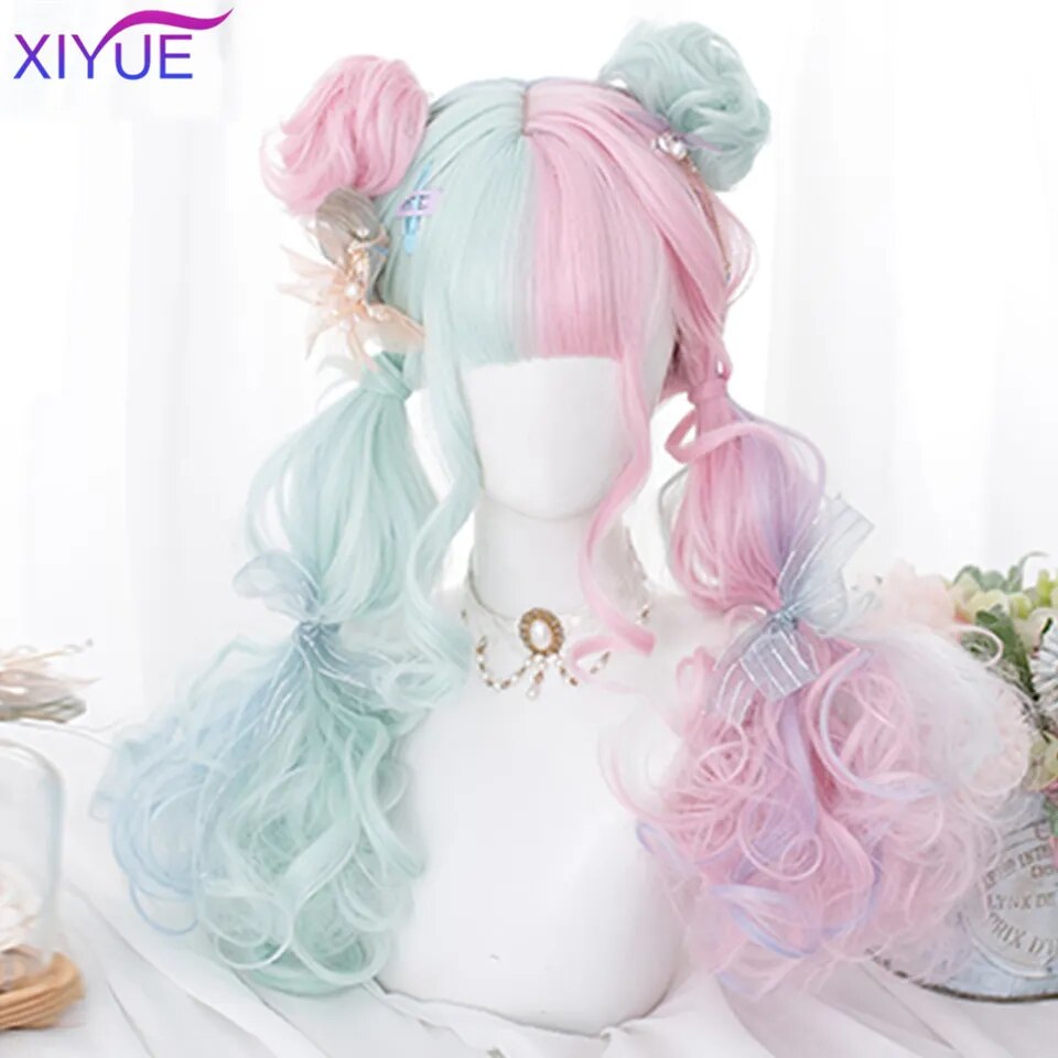 Blue Pink Lolita Wigs Ombre Long Water Wave Cosplay Wigs Synthetic Hair Wigs Heat Resistant For Women