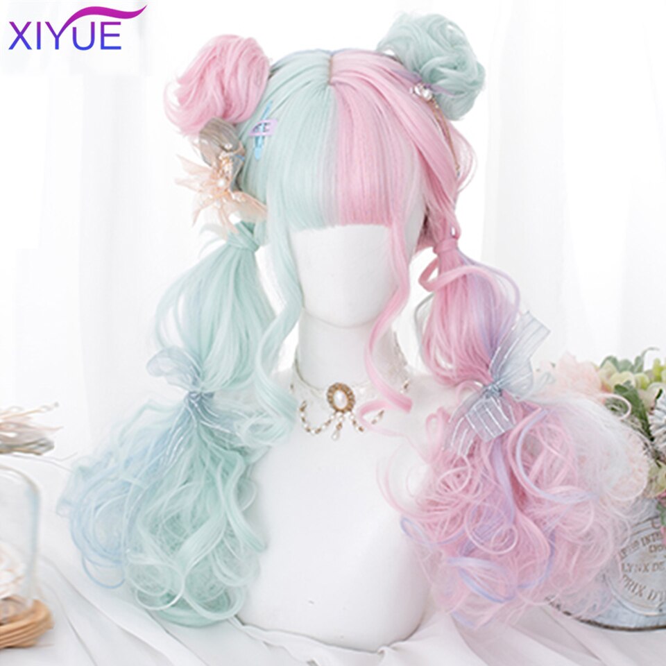 Blue Pink Lolita Wigs Ombre Long Water Wave Cosplay Wigs Synthetic Hair Wigs Heat Resistant For Women