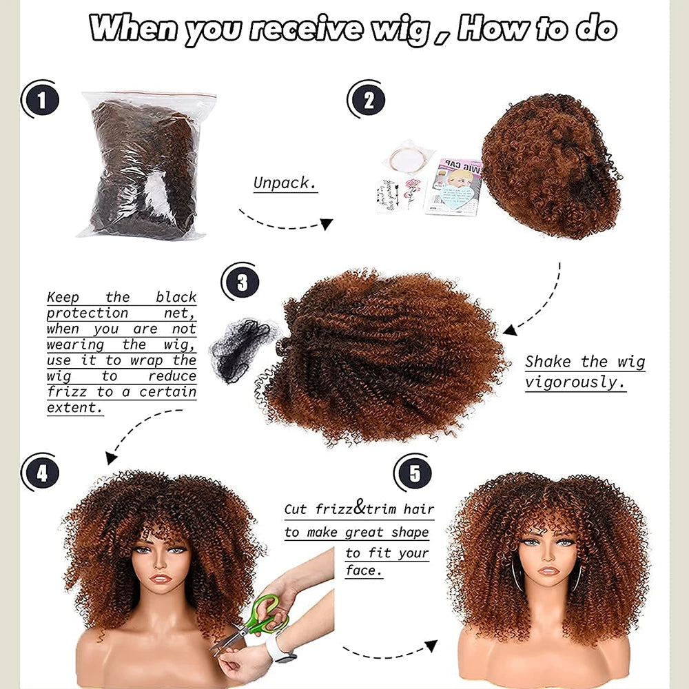 Black Curly Wigs for Black Women Short Curly Afro Wig with Bangs Synthetic Heat Resistant Full Afro Curly Wigs
