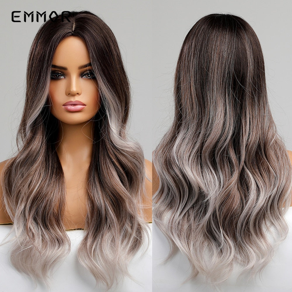 Synthetic Long Wavy Wigs with Bangs for Women Cosplay Natural Ombre Brown to Light Blonde Hair Wig High Temperature Fiber