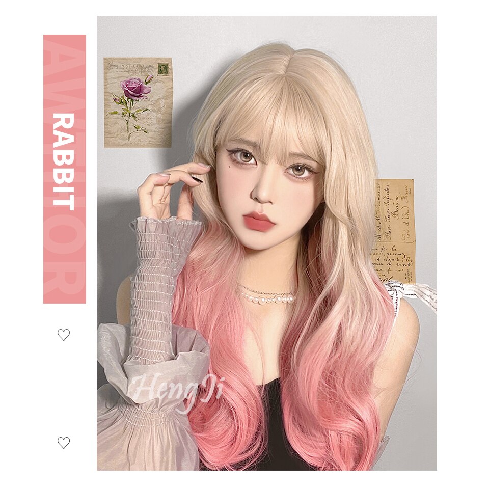 synthesis Long wavy curly girl blonde gradient pink Lolita cosplay curly bangs party wig