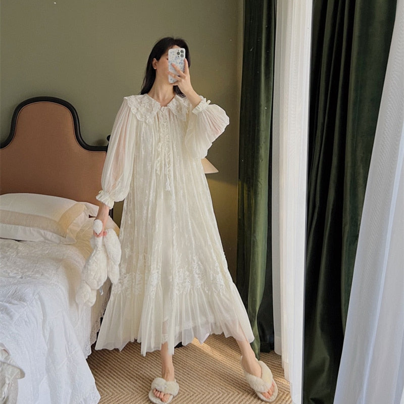 Vintage Luxury White Lace 2-Pics Women's Robe Sets Royal Roupas De Dormir Femininas Holiday Princess Sleepwear