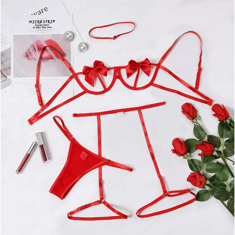 3Pcs Set Sexy Bodysuit Hot & Open Pijamas Hot Dress Lace Sex Clothes Babydolls Teddy Transparent Porn Nightie Exotic Lingerie