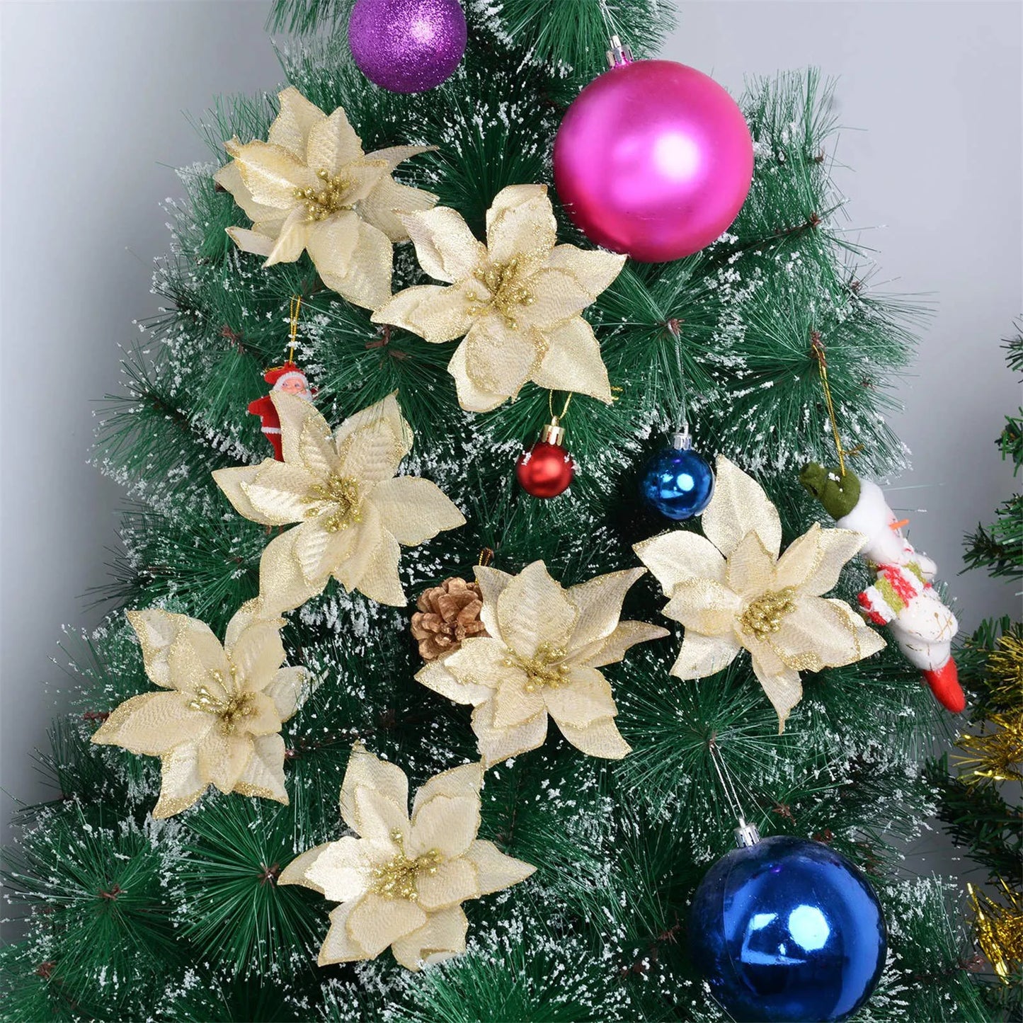 24Pcs Glitter Artificial Christmas Flowers Wedding Christmas Tree Wreaths Ornament Indoor Christmas Decorations Home