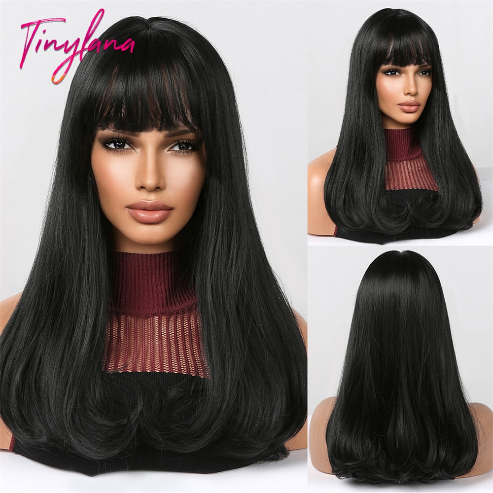 Black and Dark Red Long Straight Synthetic Hair Wigs with Bangs Cosplay Party Halloween Two Tone Wig for Women Heat Resistant