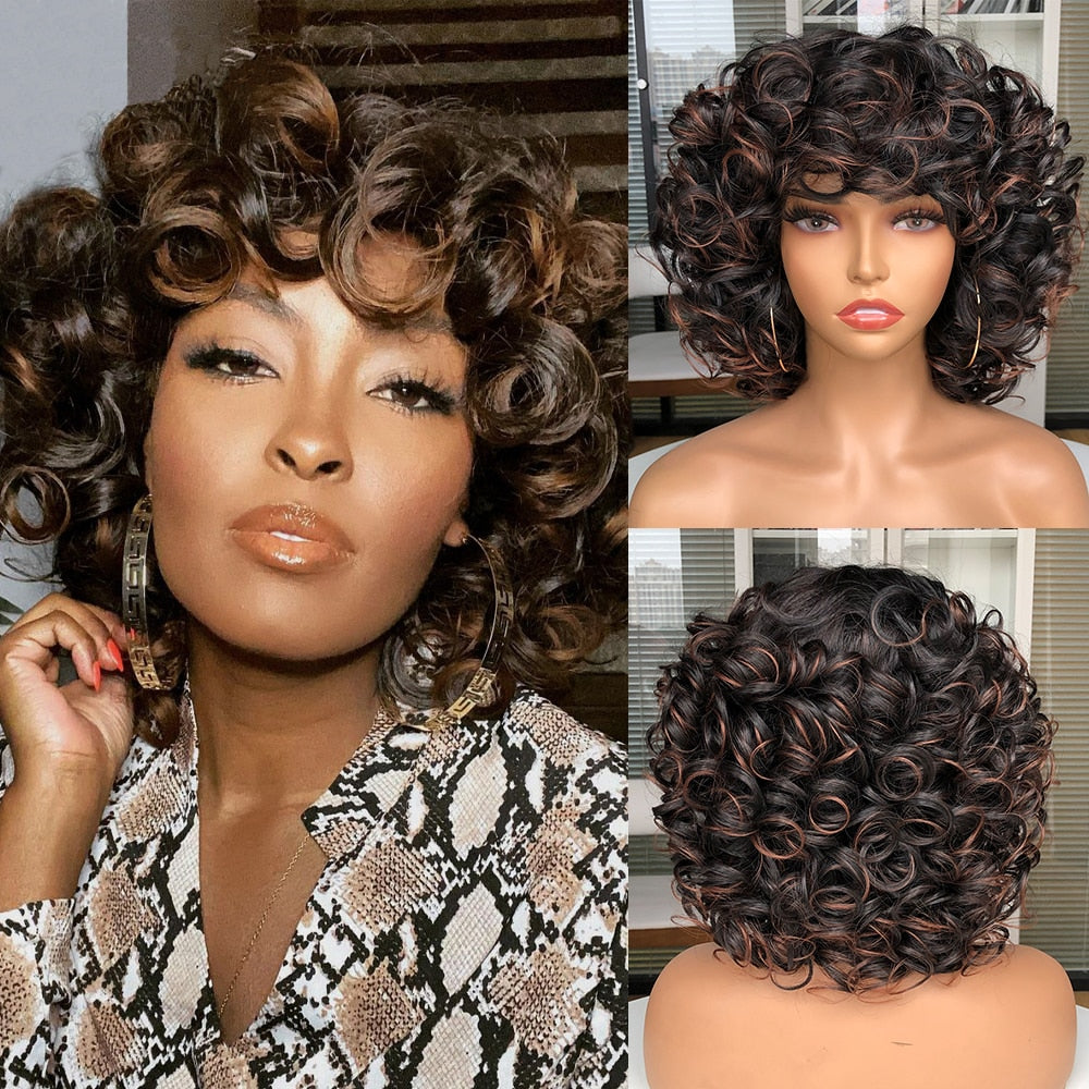 Short Hair Afro Curly Wig With Bangs For Black Women Cosplay Fluffy Glueless Mixed Brown Blonde Wigs Natural High Temperat Red
