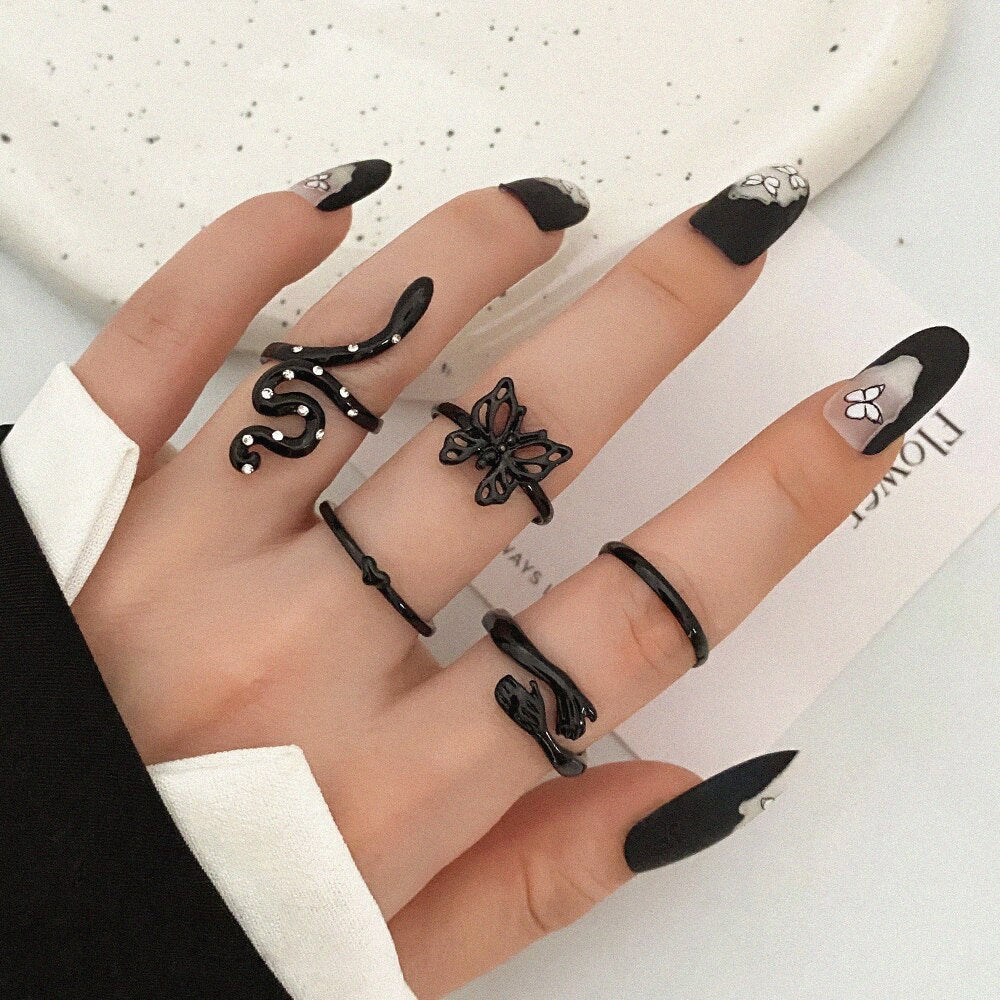 Circle Black Rings Set For Women Vintage Geometric Fried Dough Twists Cross Finger Rings Women Party Jewelry