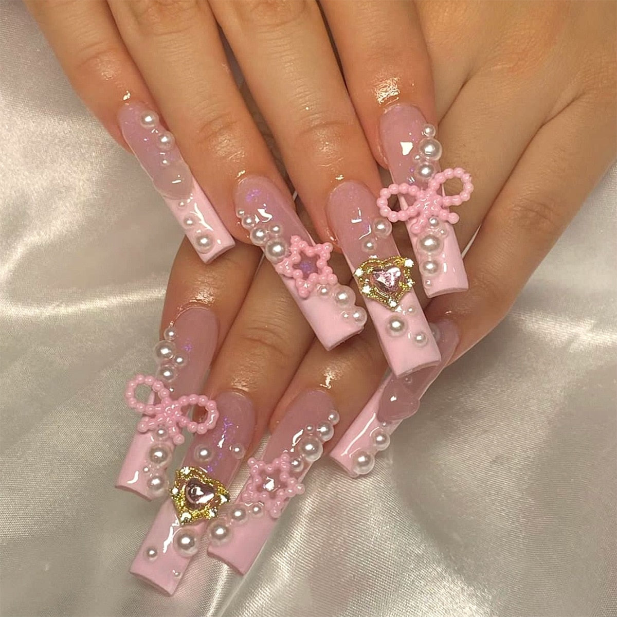 24pcs detachable Extra Long Square head French artificial nails with Diamond acrylic press on nails coffin fake nails with glue