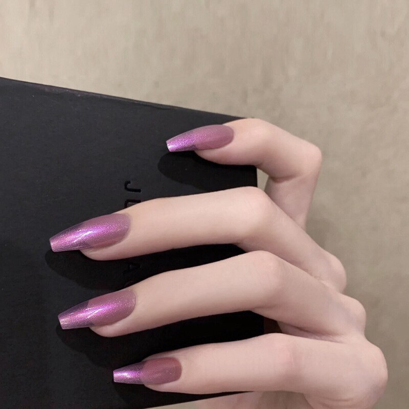 24PCS/Box Pearl Powder Milk White False Nails Round Head with Glue Long Ballet Wearable Fake Nails Full Cover Press on Nail Tips