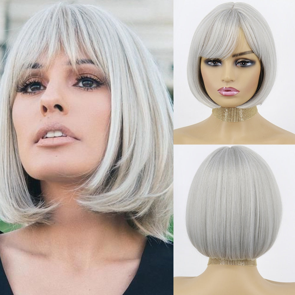 Synthetic Wigs Short Bob With Bangs For Women Ombre Black Red Blonde Pink Lolita Cosplay Party Natural Hair Roll inward