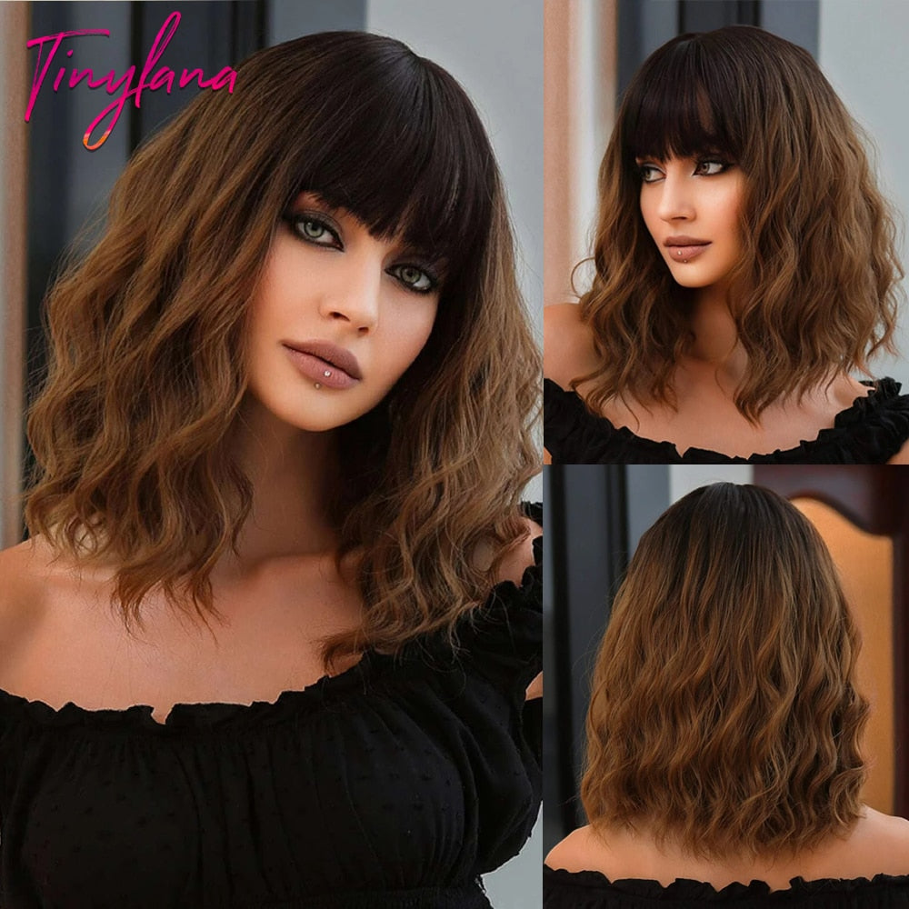 Short Wavy Dark Brown Mixed Golden Wigs with Bangs Black Blonde Bob Synthetic Hair for Women Natural Cosplay Heat Resistant Wig