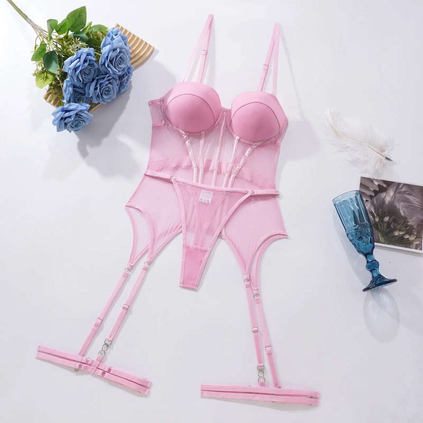 Lingerie Corset Outfits 4-Piece Seamless Sexy Underwear Uncensored Sheer Lace Sissy Erotic Set Black Intimate