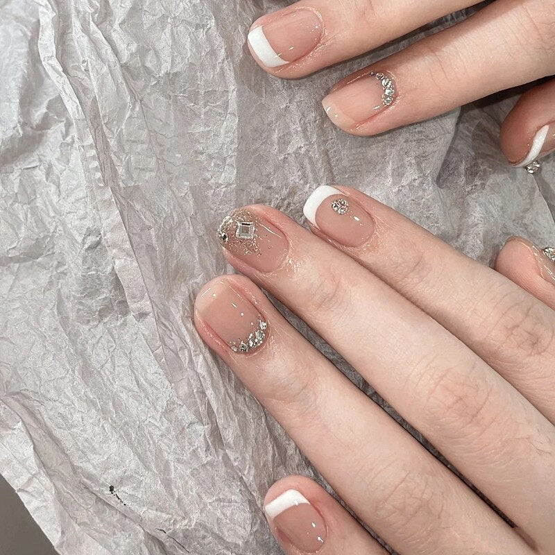 24pcs removeable Romantic Rose short press on nails full cover false nails with glue Bowknot Camellia Diamonds fake Nails