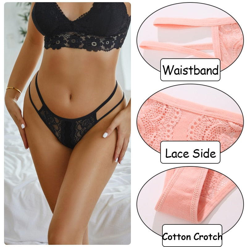 3PCS/Set Women Sexy Lace Panties Hollow Out Thongs Low Waist Female Cotton G-String Underwear Bikini Intimates Lingerie