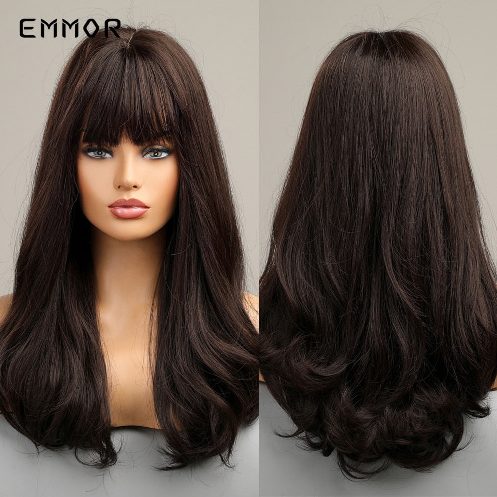 Synthetic Long Wavy Wigs with Bangs for Women Cosplay Natural Ombre Brown to Light Blonde Hair Wig High Temperature Fiber