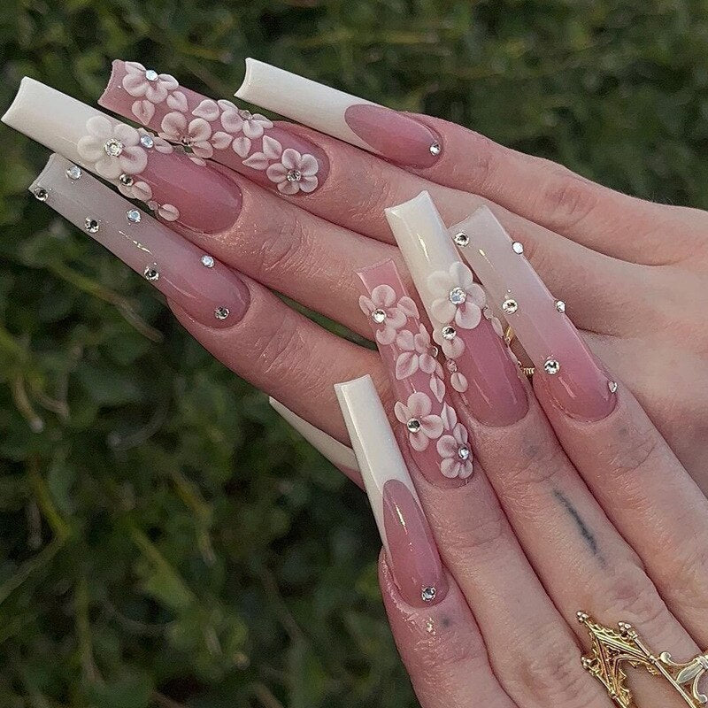24pcs detachable Extra Long Square head French artificial nails with Diamond acrylic press on nails coffin fake nails with glue