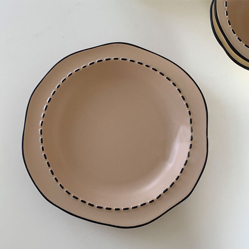 Japanese Cream Cartoon Ceramic Tableware Set Irregular Rice Bowl Soup Ceramic Plate Household Dish Stripe