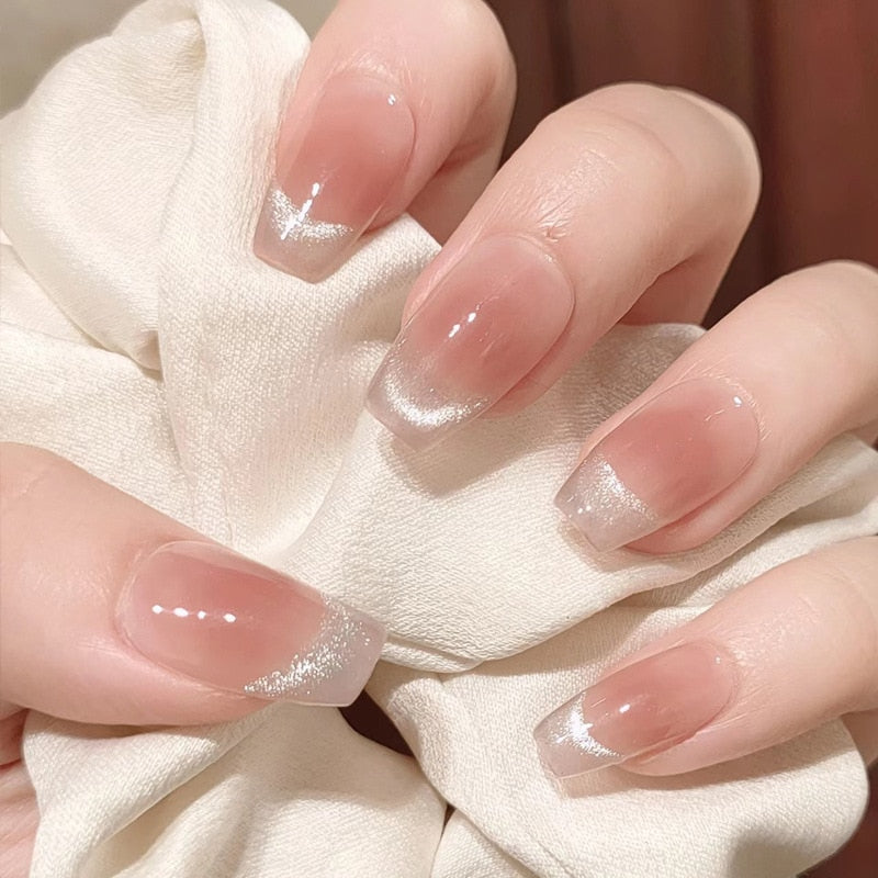 24PCS/Box Pearl Powder Milk White False Nails Round Head with Glue Long Ballet Wearable Fake Nails Full Cover Press on Nail Tips