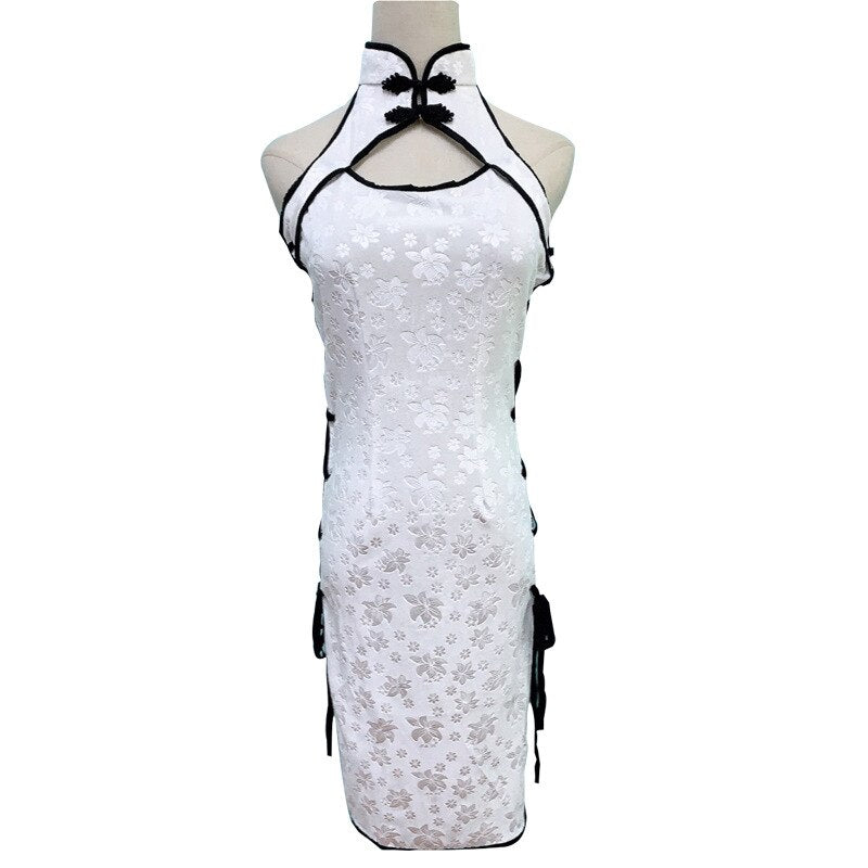 Chinese Retro Cheongsam Dress Uniform Women Sexy Lingerie Bandage Temptation High Side Slit Hollow Erotic Qipao