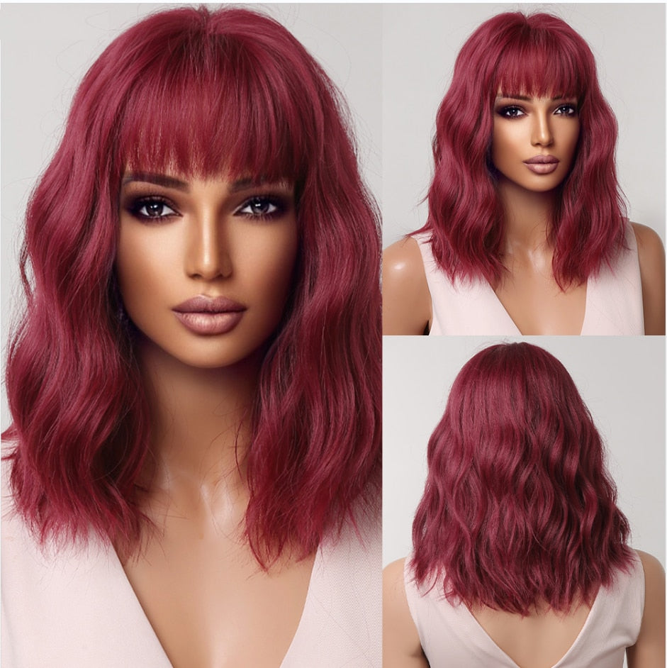 Short Wavy Dark Brown Mixed Golden Wigs with Bangs Black Blonde Bob Synthetic Hair for Women Natural Cosplay Heat Resistant Wig