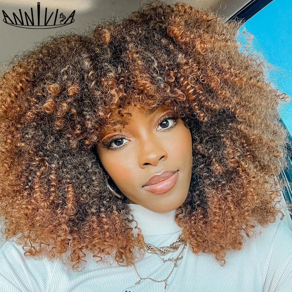 Short Hair Afro Kinky Curly Wigs With Bangs for Black Women Synthetic Ombre Glueless Cosplay Natural Brown Black Pink