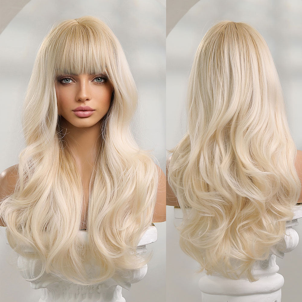 Synthetic Long Wavy Wigs with Bangs for Women Cosplay Natural Ombre Brown to Light Blonde Hair Wig High Temperature Fiber