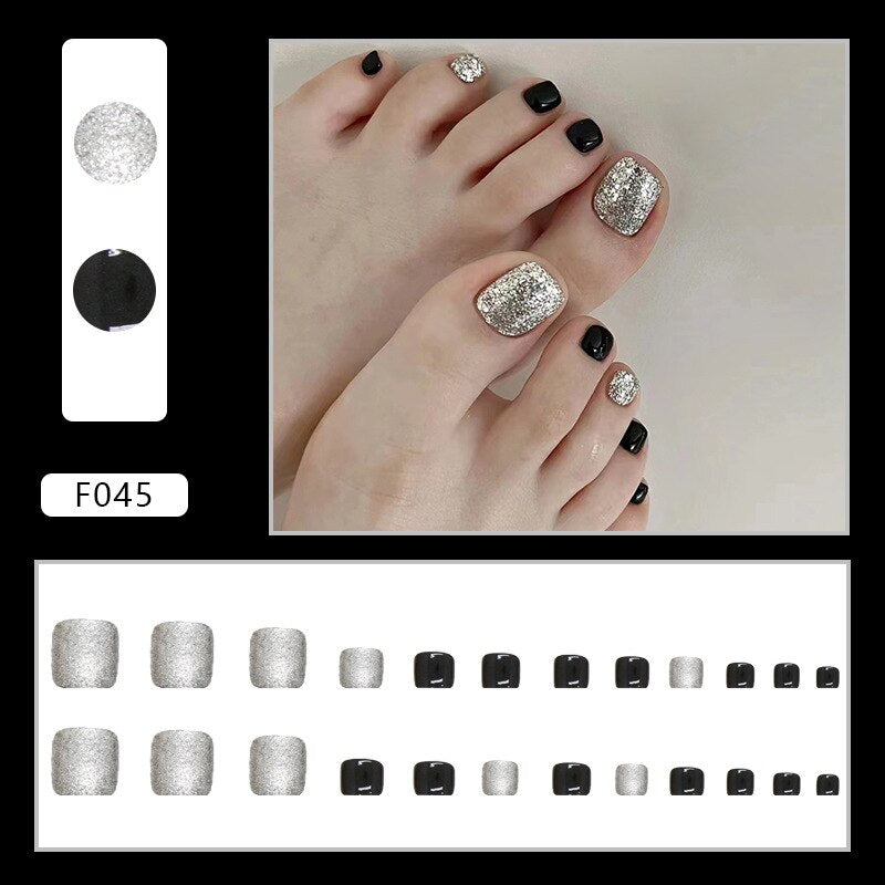 24pcs Pure French Diamond Sparkling toe fake nails with designs y2k Wearable Foot false nails full cover False Nail Art Pieces