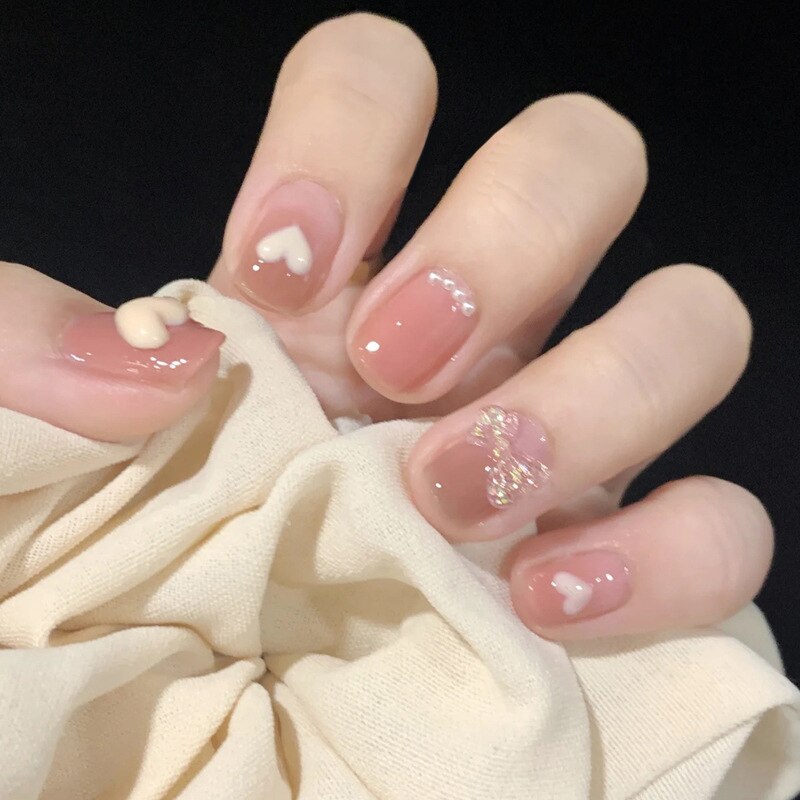 24Pcs Cute Short Square Head False Nails Pink Heart 3D Bow Design Fake Nail with Pearl Rhinestones Full Cover Press on Nail Tip
