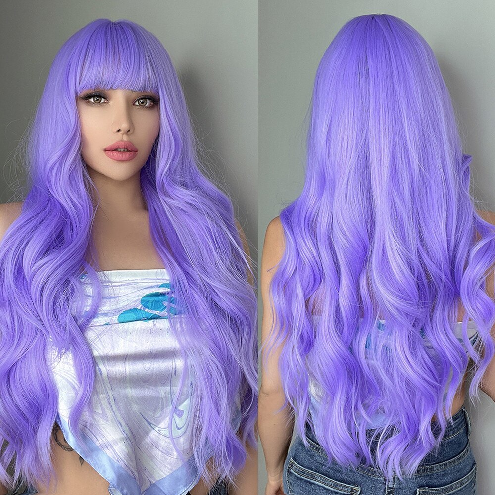 Synthetic Purple Wigs for Women Cosplay Party Lolita Wigs Bangs High Temperature Fiber Natural Long Body Wave Hair Wigs