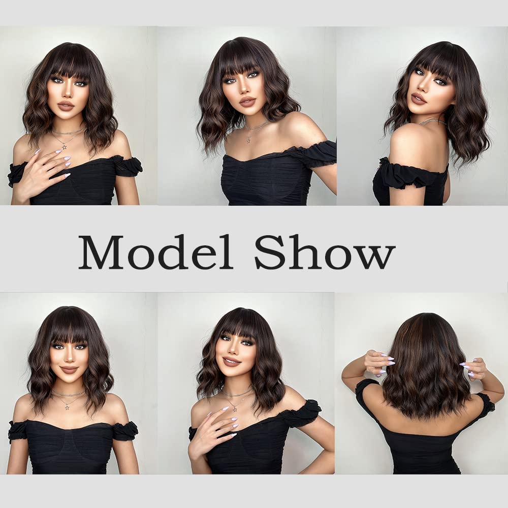 Short Wavy Dark Brown Mixed Golden Wigs with Bangs Black Blonde Bob Synthetic Hair for Women Natural Cosplay Heat Resistant Wig