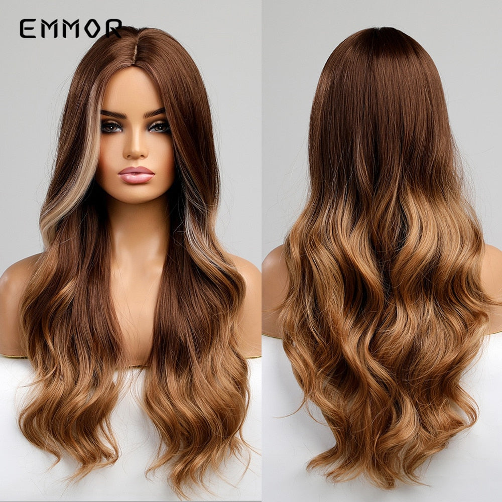 Synthetic Long Wavy Wigs with Bangs for Women Cosplay Natural Ombre Brown to Light Blonde Hair Wig High Temperature Fiber