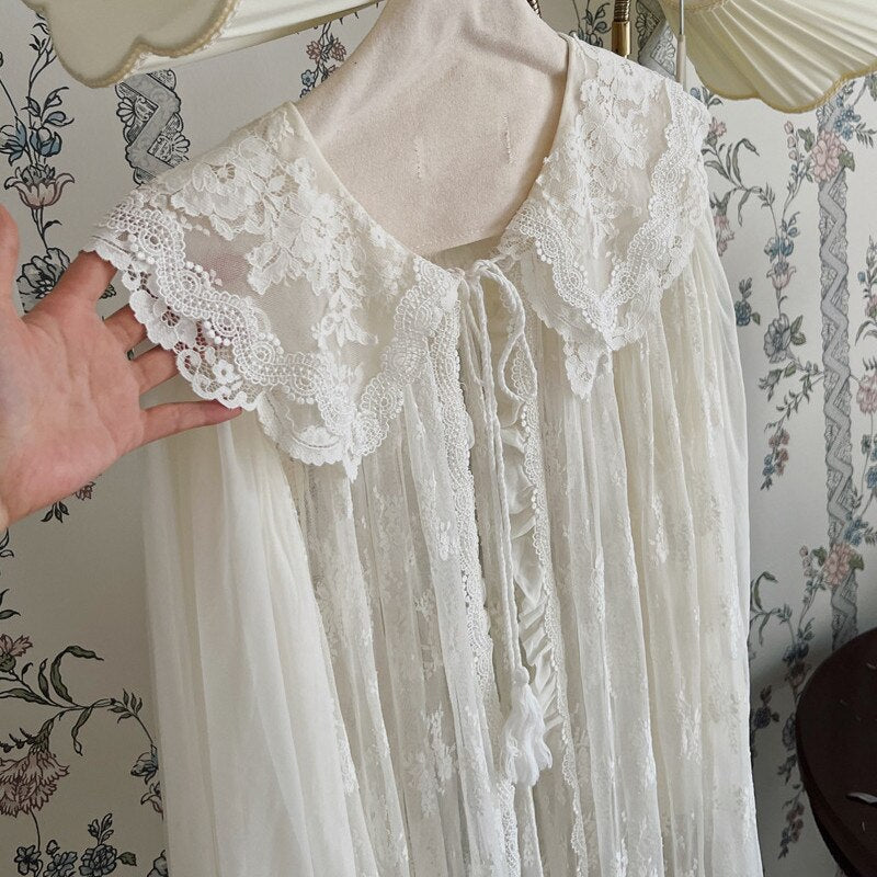 Vintage Luxury White Lace 2-Pics Women's Robe Sets Royal Roupas De Dormir Femininas Holiday Princess Sleepwear
