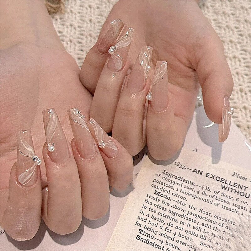 24Pcs Purple Butterfly French False Nails Long Ballerina with Rhinestones Wearable Fake Nails Glitter Press on Nails Tips Art