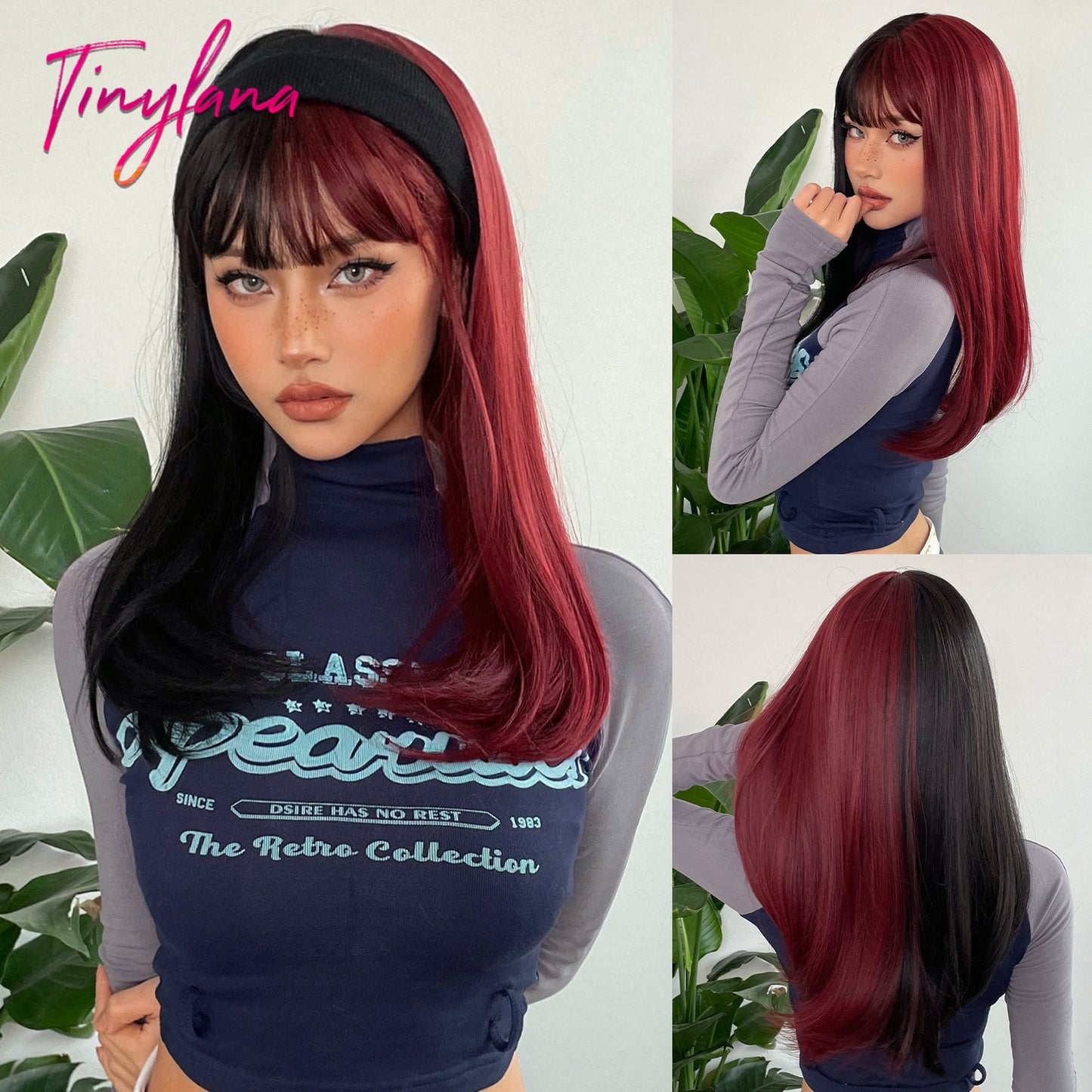 Black and Dark Red Long Straight Synthetic Hair Wigs with Bangs Cosplay Party Halloween Two Tone Wig for Women Heat Resistant