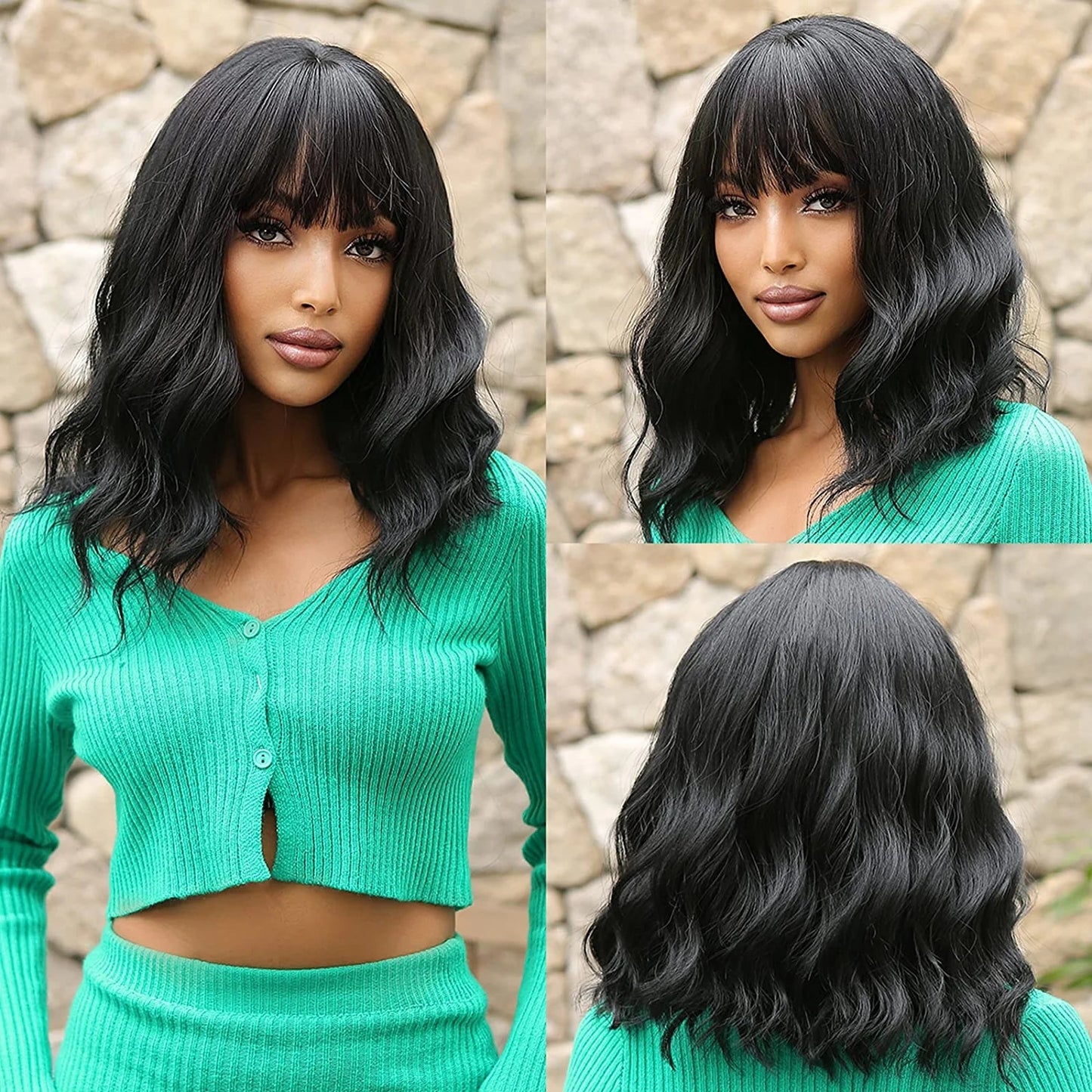Short Wavy Dark Brown Mixed Golden Wigs with Bangs Black Blonde Bob Synthetic Hair for Women Natural Cosplay Heat Resistant Wig