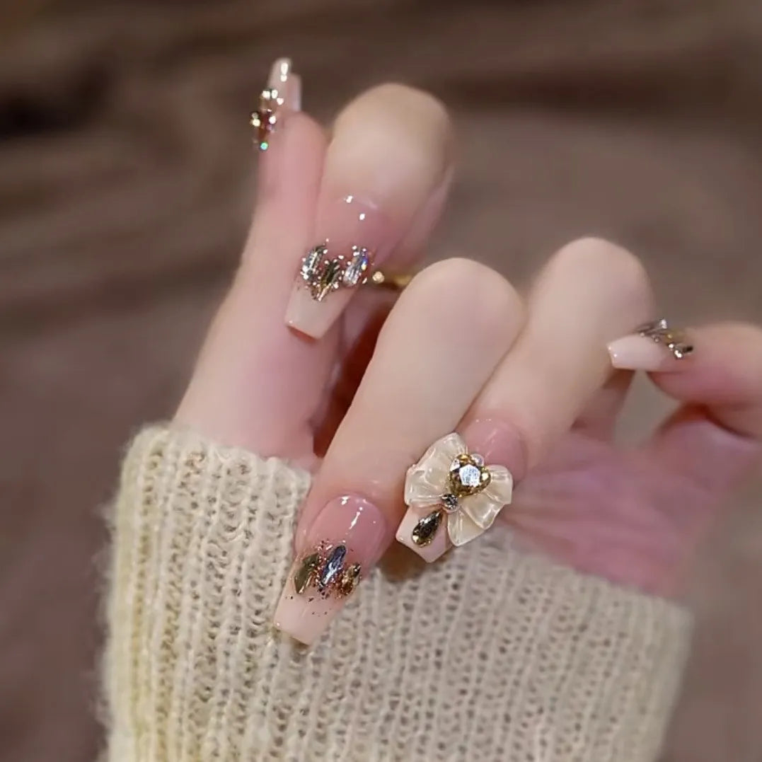 Medium Length Fake Nails 3D Flower Pearl Designs Nude Pink Color Press on Nails Ballerina False Nails for Women DIY Manicure