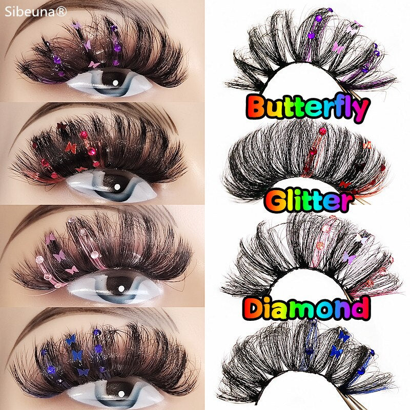 Faux Mink 25mm Lashes With Pink Blue Butterfly/Flower On Them Full Strip Diamond Cosmetics False Eyelashes