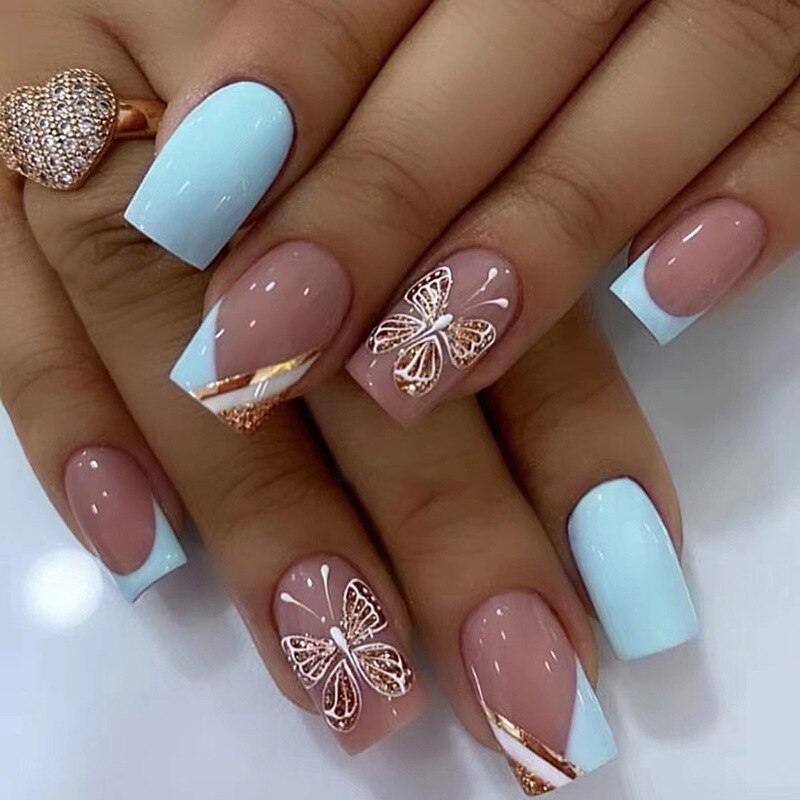 24Pcs Frosted Short Coffin False Nails Blue Purple Glitter with French Design Wearable Fake Nails Ballet Press on Nails Tips